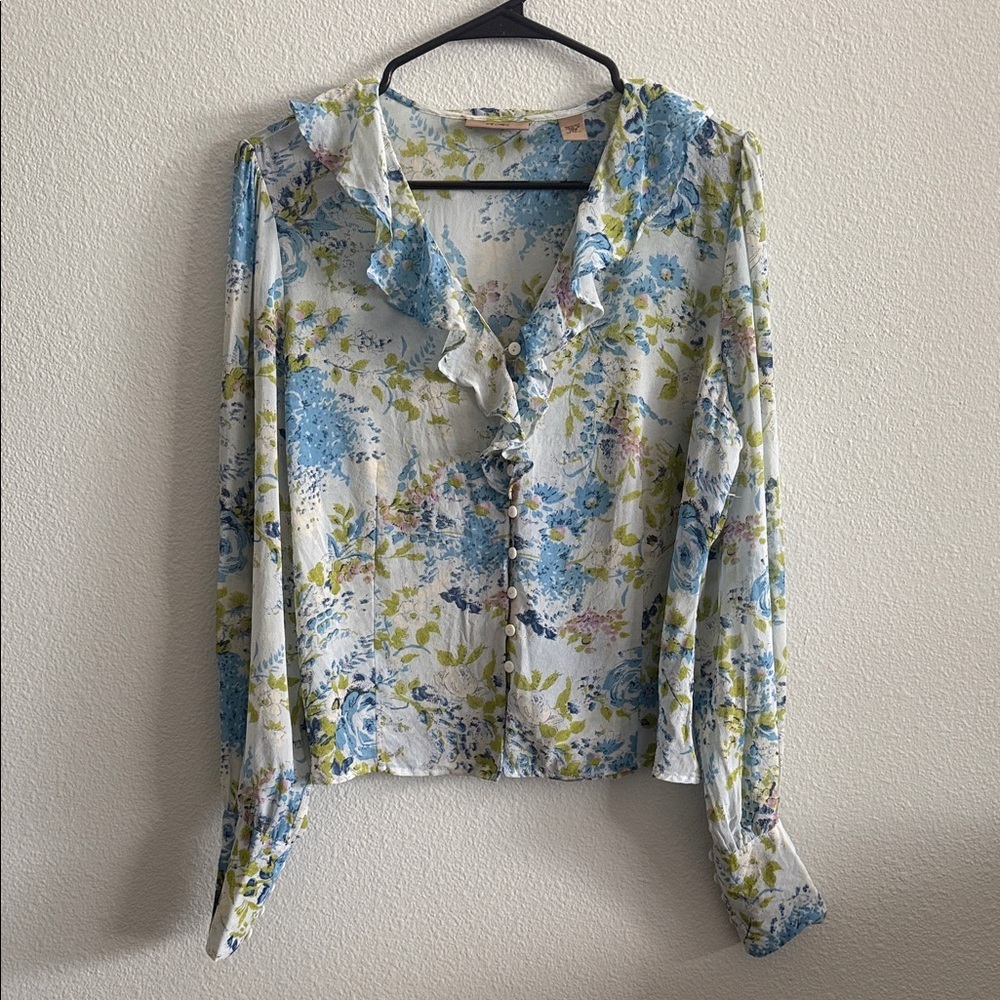 Vintage Inspired 100% Silk Blue Floral Ruffle Blouse Petite